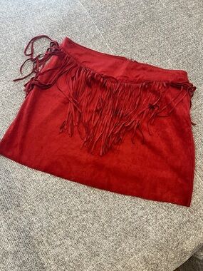 Fringe-Trim Red Suede Mini Skirt 💜